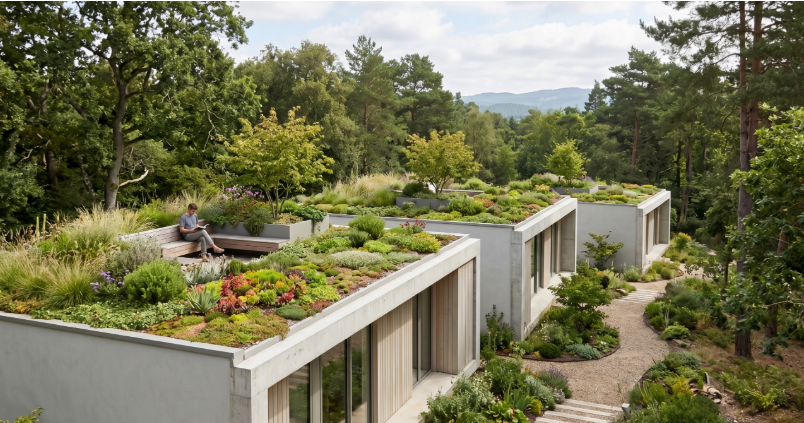 flat roofs with green gardens